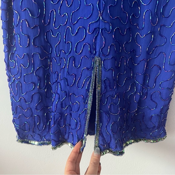 Vintage 80's Laurence Kazar New York Silk Sequin Beaded Dress Large - Picture 10 of 14